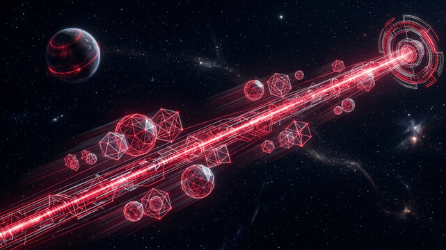 Glowing red neon wireframe data beam with geometric shapes shooting through space towards a dark planet