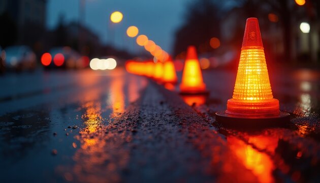 Wet street at dusk lined with blinking orange traffic cones. Cars with headlights on drive past a construction zone in the city. Roadwork lights guide drivers through wet urban area.
