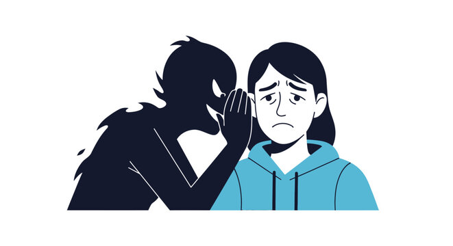 Scary shadow monster whispering secrets to a sad, worried young woman, symbolizing fear, anxiety, and inner demons.