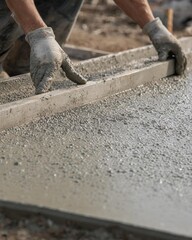 Fototapeta premium Construction worker using a wooden screed to level fresh wet concrete.