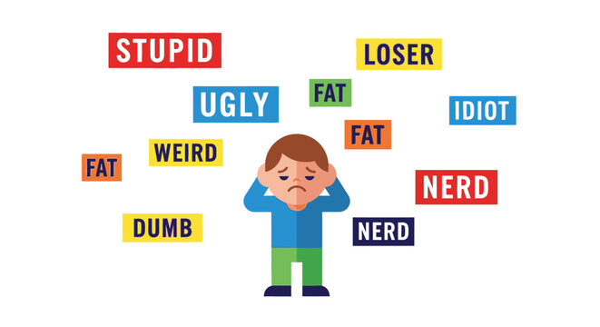 Sad child overwhelmed by negative words like stupid, loser, ugly, fat, and nerd, symbolizing bullying and low self-esteem.