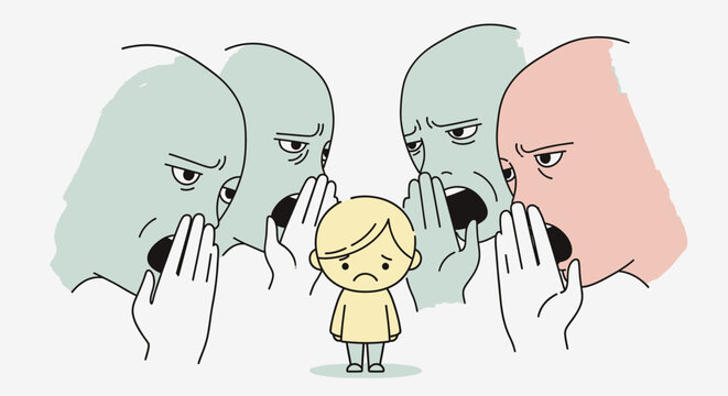 Sad child surrounded by whispering, judgmental faces representing bullying, gossip, and social exclusion