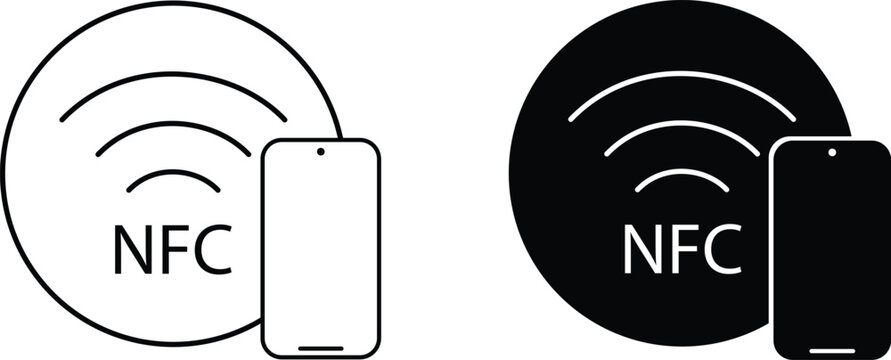 NFC smartphone payment icon set, contactless mobile transaction symbols, wireless communication with phone and signal waves, near field communication vector graphic collection.