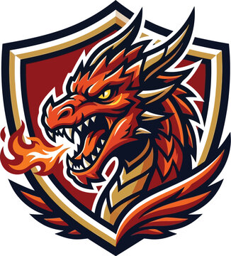 Dragon mascot breathes fire behind a protective shield for team branding.