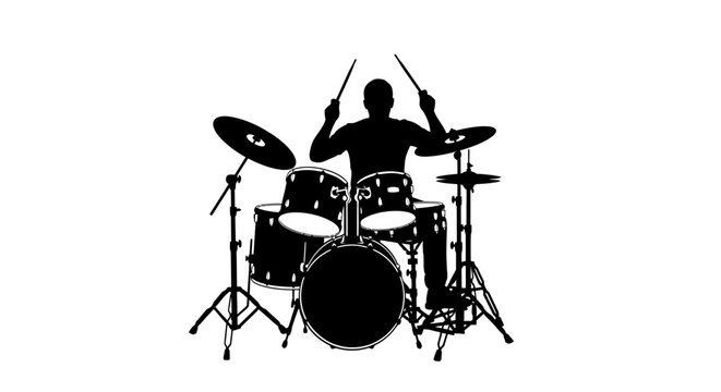 Drum set silhouette with drummer playing on white background