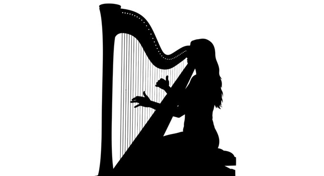 Harp silhouette with woman playing black and white isolated design
