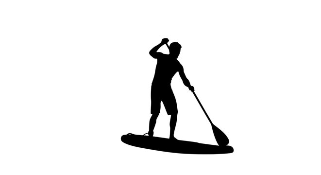 Silhouette of a man paddleboarding on a board isolated on white