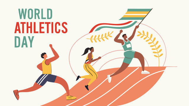 World athletics day illustration with runners on a track and flag athletics competition athletes celebration olympics marathon endurance exercise athletic performance achievement stylized