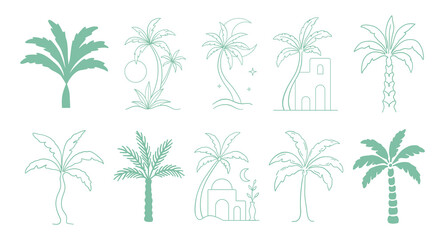 Set of simple palm tree icons in hand drawn line art style, minimal tropical doodle silhouettes and graphic elements for travel, beach and summer vacation design, resort themes, tattoo inspiration © Anna (Bile Platno)