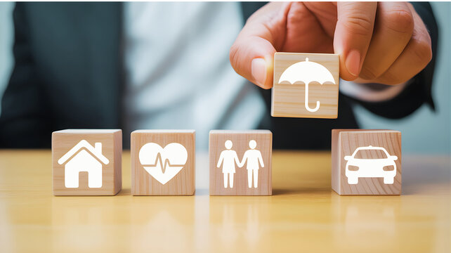 Person placing insurance icons on wooden blocks on a table indoors
