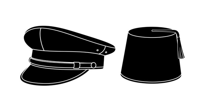 Military and fez hats silhouette on a white background