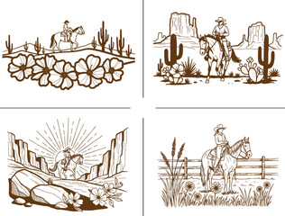 Obraz premium Western cowboy riding horse desert landscape with cactus flowers