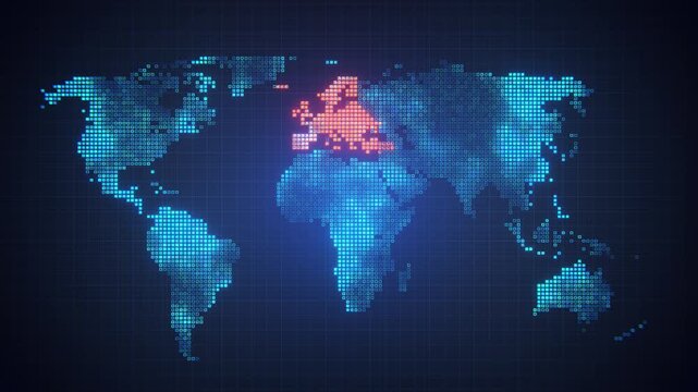 World map with glowing Europe technology background loop