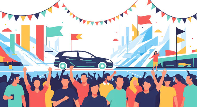 Vibrant festival crowd cheering with colorful flags and bunting