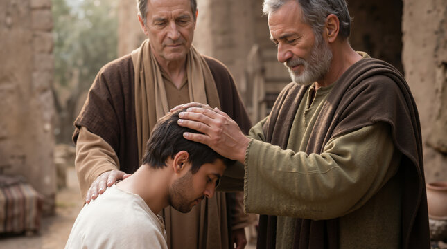 Apostles laying hands in blessing. Biblical scene of men praying over a young man. Religious ritual of healing and ordination