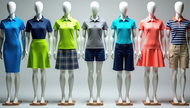Collection of female mannequins dressed in golf attire featuring polos skirts shorts and dresses. Outfits presented in bright and neutral colors suitable for sports.
