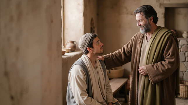 Biblical scene of Barnabas encouraging a believer. Two men in ancient clothing interacting in a rustic room. Religious historical concept