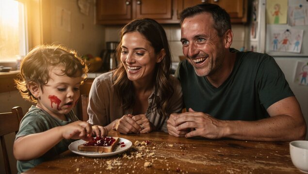 Famille heureuse au petit-d&eacute;jeuner dans une cuisine chaleureuse &ndash; Moment candide et authentique _ Happy family at breakfast in a warm rustic kitchen &ndash; Authentic candid lifestyle moment