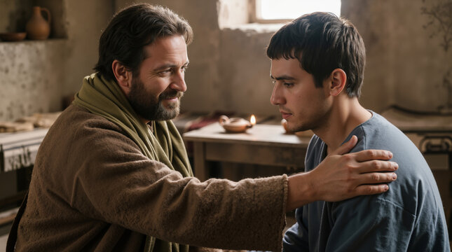 Biblical scene of Barnabas encouraging a young believer. Historical religious depiction of mentorship and support