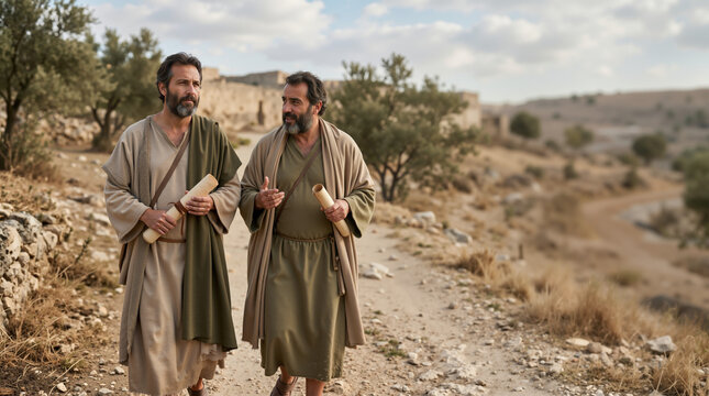 Two men in biblical clothing walking and talking on a desert path. Apostles carrying ancient scrolls in a historical landscape