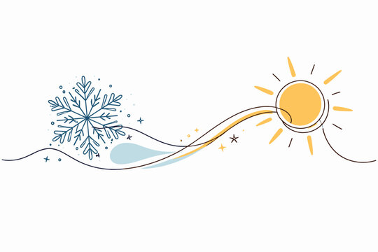 One-Stroke Vector Drawing Linking Snowflake Crystal to Solar Disk Through an Unbroken Flowing Arc, Depicting Seasonal Duality, Temperature Extremes, and the Natural Passage Between Cold and Warm