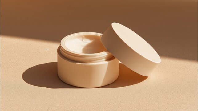 Cosmetic cream jar with lid open, beige tones, clean minimal style