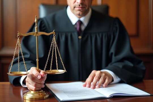 Senior Judge Contemplating Decision in Courtroom, Exuding Trust and Authority