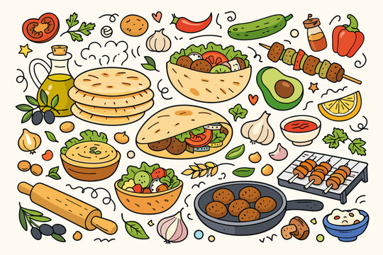 Hand-drawn doodle illustration of Middle Eastern and Mediterranean food elements featuring pita bread, falafel, hummus, fresh vegetables, olive oil, kebabs, and cooking tools in a flat vector style.