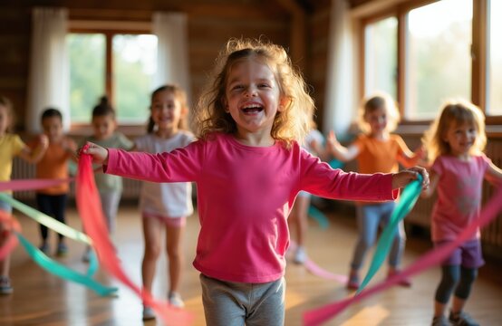 Children dance with colorful ribbons in movement class. Young kids with smiles, joyful faces practice ballet. Girls, boys enjoy rhythmic gymnastics activity. Preschoolers move to music learning