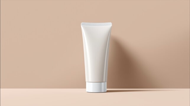 White cosmetic tube mockup with soft shadow on pastel background, minimal style