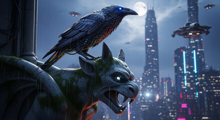 Obraz premium Gargoyle and Raven Guardians Overlooking Cyberpunk Cityscape Under Rainy Moonlit Sky at Night