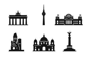 Berlin Landmarks Silhouette Icon Set. Flat Vector Illustration of Brandenburg Gate, Fernsehturm TV Tower, Reichstag Building, Kaiser Wilhelm Memorial Church, Berlin Cathedral, and Victory Column. © MDAhosun