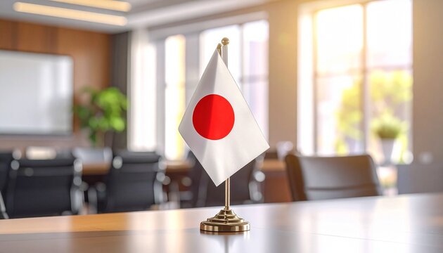 Small Japanese flag on polished conference table, red circle on white field, modern office with chairs, plants, natural light.