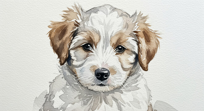 Adorable Australian Shepherd Puppy in Watercolor Style on a Soft Cream Background, Whimsical Art