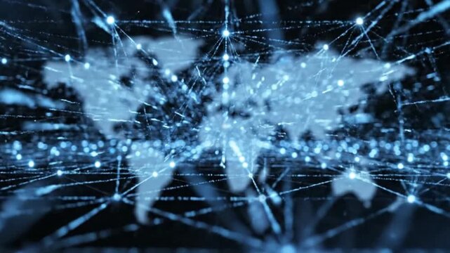 Dynamic digital network connecting world map with glowing blue particles and lines, abstract technology concept.