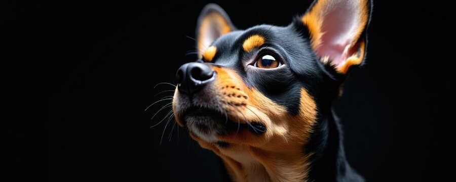 Small black and tan chihuahua dog looking up with big eyes. Alert attentive pet with erect ears sits against dark background. Cute companion animal portrait captures expression and fur details.