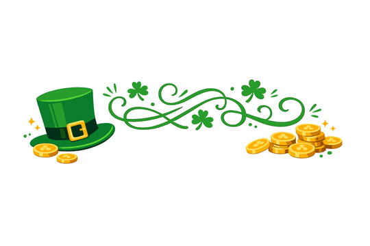 St. Patrick's Day Vector Illustration with Green Leprechaun Hat, Piles of Gold Coins, and Decorative Shamrocks with Swirls Isolated on White Background for Irish Holiday Celebration Design