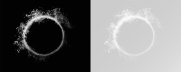 Fototapeta premium Abstract white smoky circle with soft steam swirls and clean design, overlay smoke ring