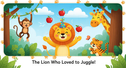 Fototapeta premium Vibrant Jungle Scene with a Juggling Lion, Playful Giraffe, and Mischievous Monkey in a Lush Forest