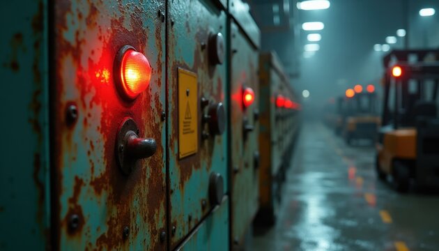 Old industrial control panel with red warning light. Rusty metal machine in factory, dimly lit workshop. Forklifts wait in fog behind. Danger signal alert.