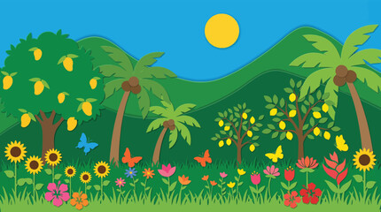 Fototapeta premium Lush tropical garden with mango trees palm trees colorful flowers tropical butterfly outdoors landscape colorful mountains illustration childlike whimsical paradise peaceful wildlife
