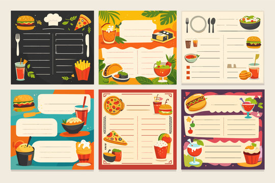 Set of Six Colorful Restaurant Menu Templates with Flat Vector Illustrations of Fast Food, Pizza, Burgers, Drinks, and Desserts. Creative Layouts for Cafes and Diners with Blank Spaces for Text.