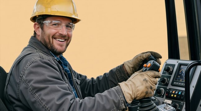 Smiling male heavy machinery operator sitting in cabin. Happy construction worker in hard hat and safety glasses holding control joysticks. Yellow background with copy space
