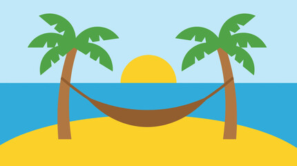 Fototapeta premium Tropical beach hammock scene with palm trees and sunset over the ocean no people flat design leisure activity leisure time tropical vacation relaxation paradise no people illustration