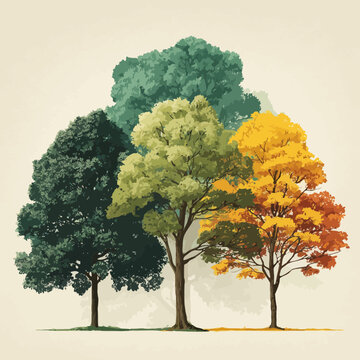 Four trees display changing seasons with colorful leaves on a single beige background.