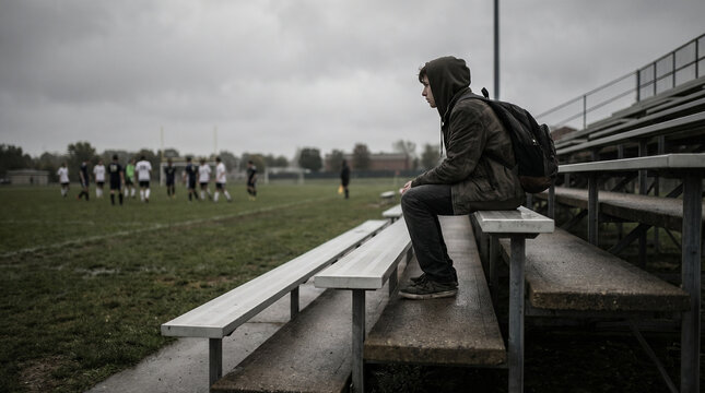 Teenage military child sitting alone on school bleachers watching team practice without joining, overcast sky athletic field, social isolati