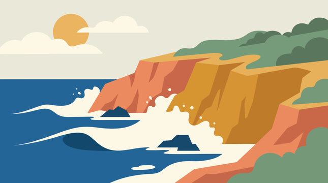 Coastal cliffs with waves crashing against rocks and a setting sun flat design coastal landscape crashing landscape seascape coastline dramatic illustration destination