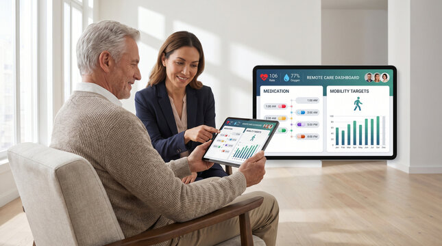 Home health aide assisting elderly man with post-discharge care navigation on aging technology tablet, remote patient monitoring vitals tran