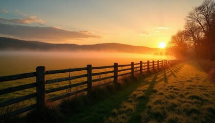 Fototapeta premium Golden sunrise lights up foggy farm fields and green pastures. A rustic wooden fence lines the path, casting long shadows in the early morning light across the serene landscape.