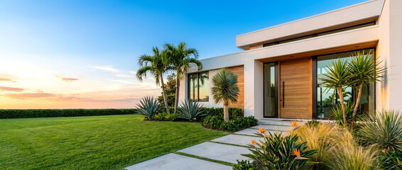 Fototapeta premium Modern luxury villa exterior with white facade tropical garden palm trees and sunset sky background
